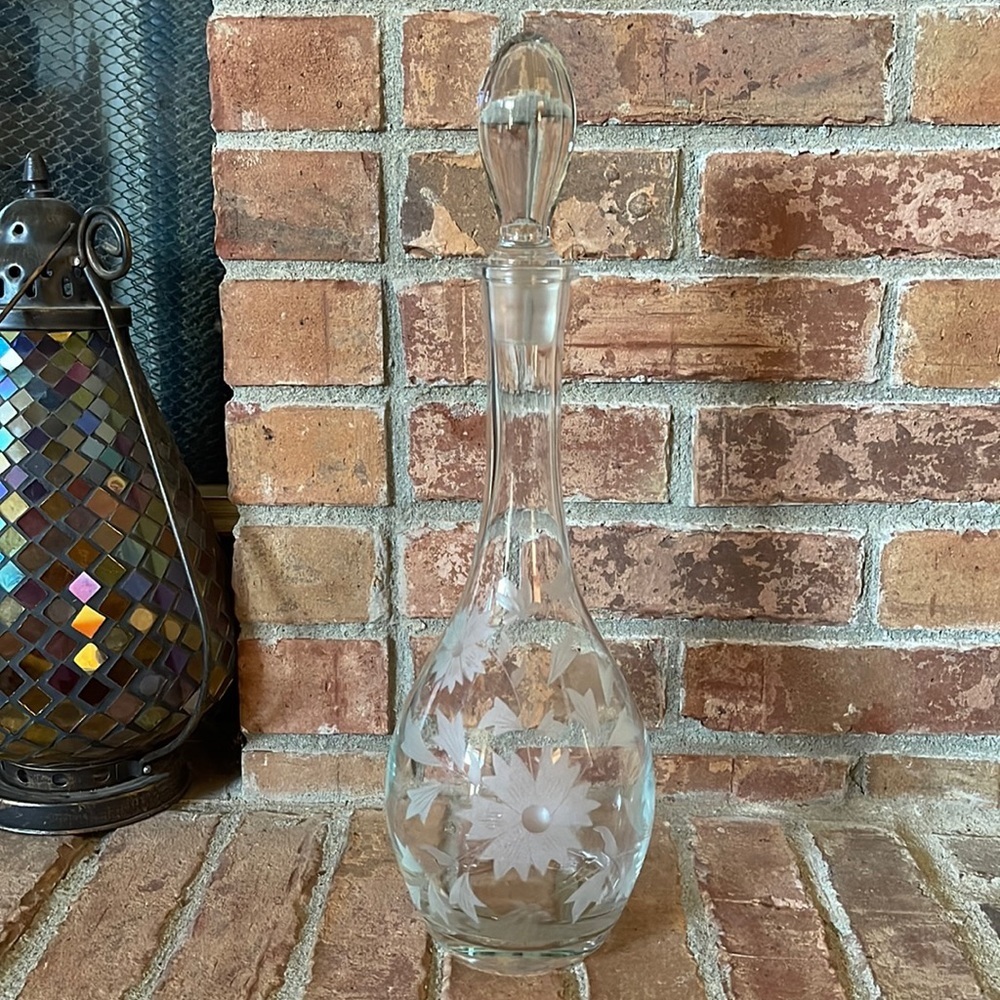 Vtg Toscany Glass Decanter Wine Liquor w/ Etched Floral Design